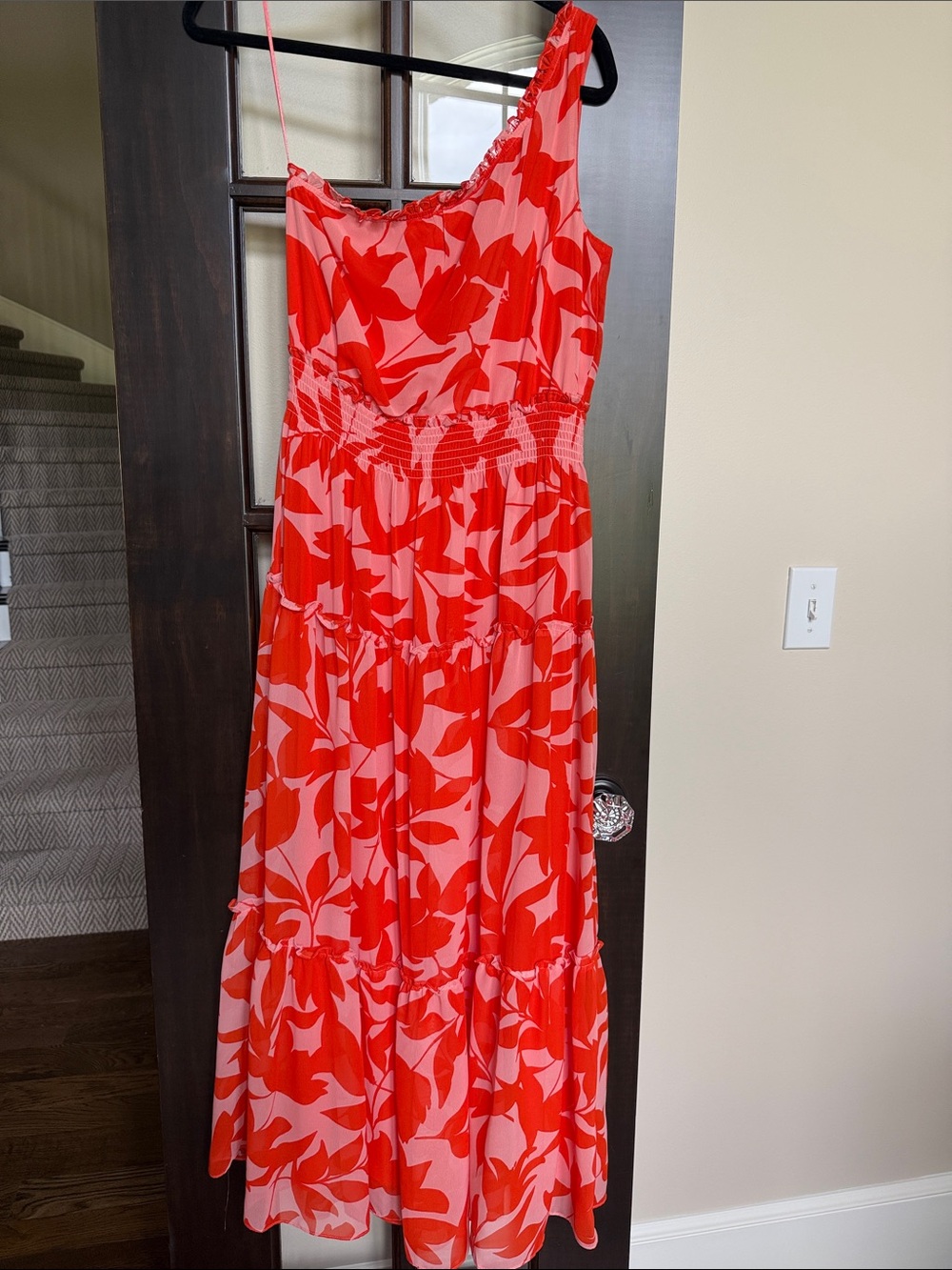 One-Shoulder Red Floral Maxi Dress